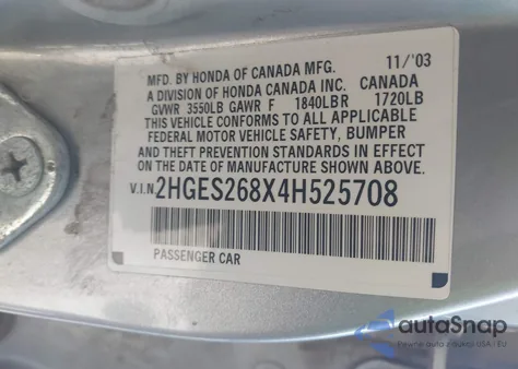 2004 Honda Civic Ex from USA, damaged, VIN 2HGES268X4H525708